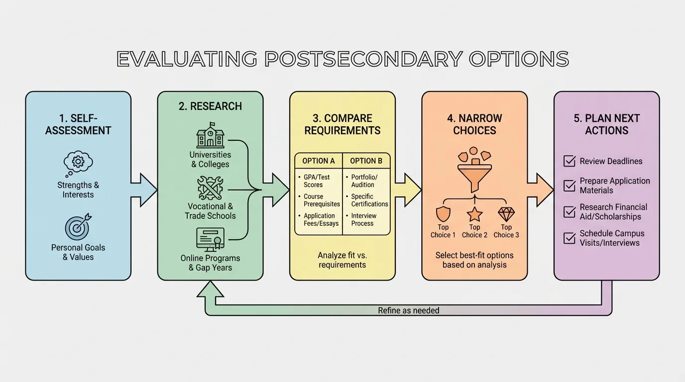 flowchart with steps self-assessment, research, compare requirements, narrow choices, plan next actions