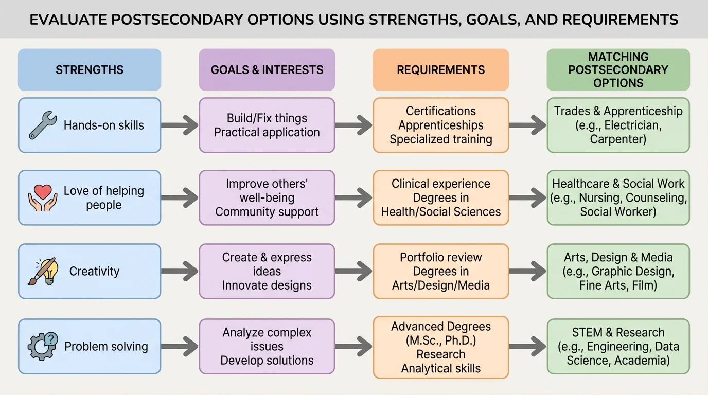 flowchart showing strengths such as hands-on skills, love of helping people, creativity, or problem solving leading to matching postsecondary options