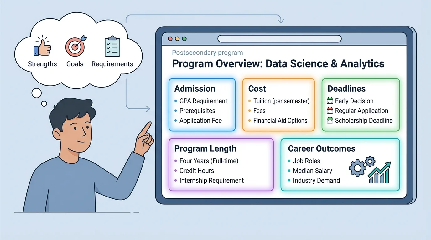 illustration of a student reviewing a program webpage with highlighted items such as admission, cost, deadlines, program length, and career outcomes