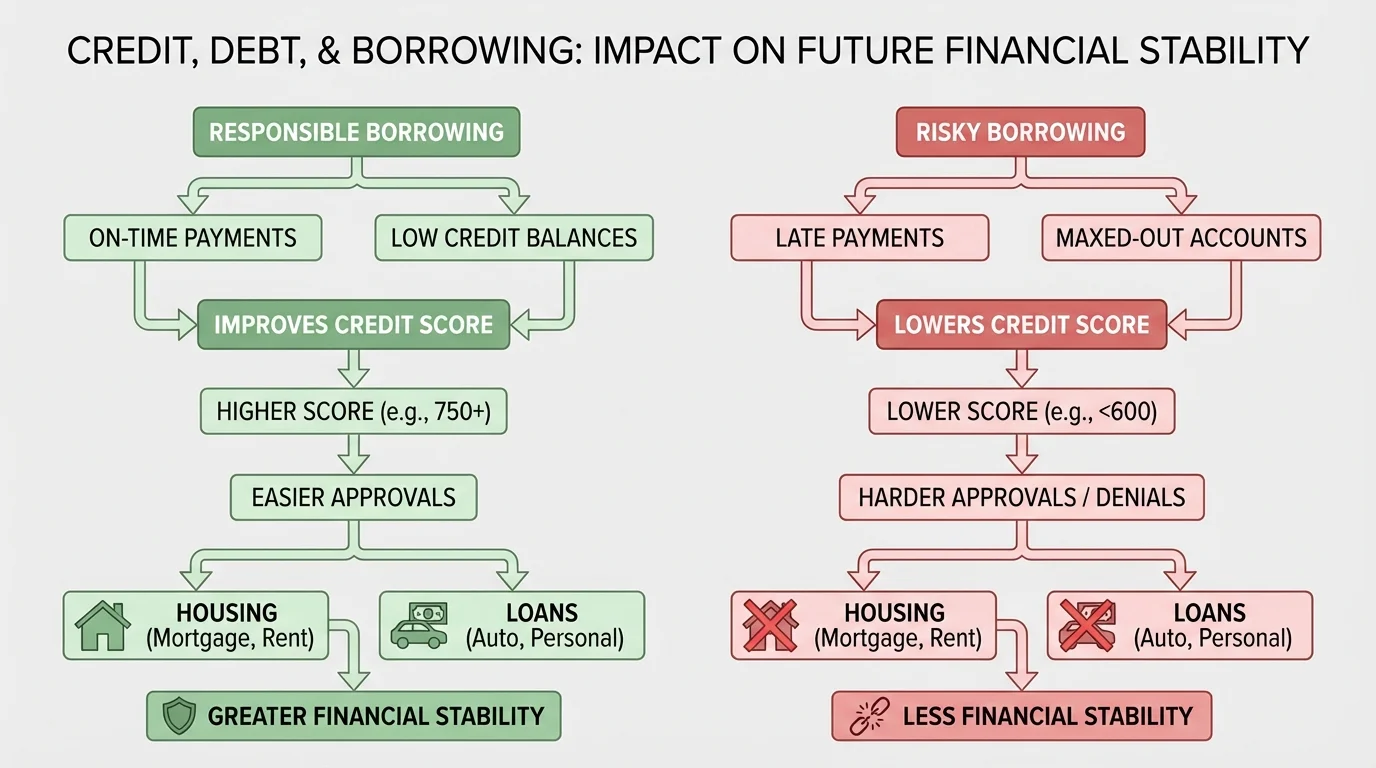 flowchart showing on-time payments and low balances improving credit score, while late payments and maxed-out accounts lower it, leading to easier or harder approval for housing and loans