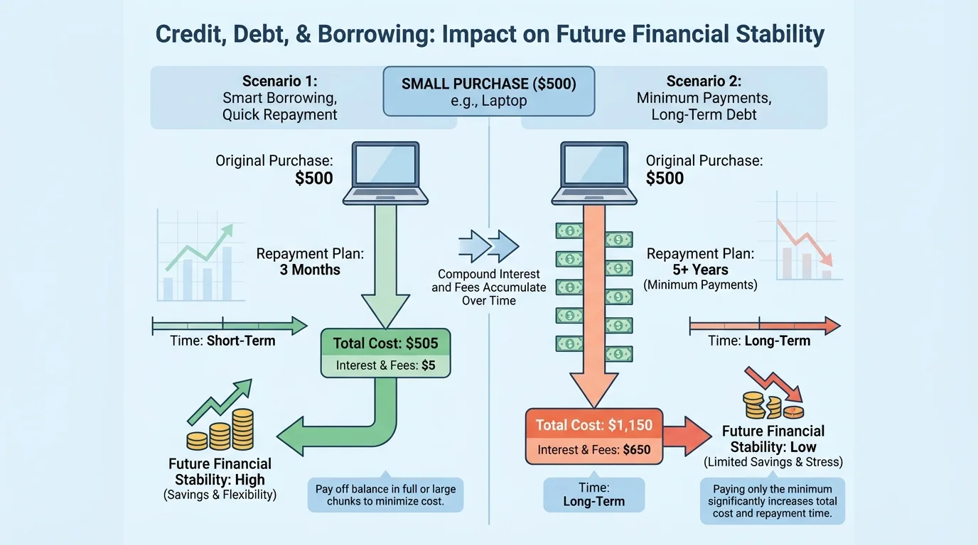 chart comparing a small purchase paid off quickly versus the same balance repaid with minimum payments, showing total cost and time increasing
