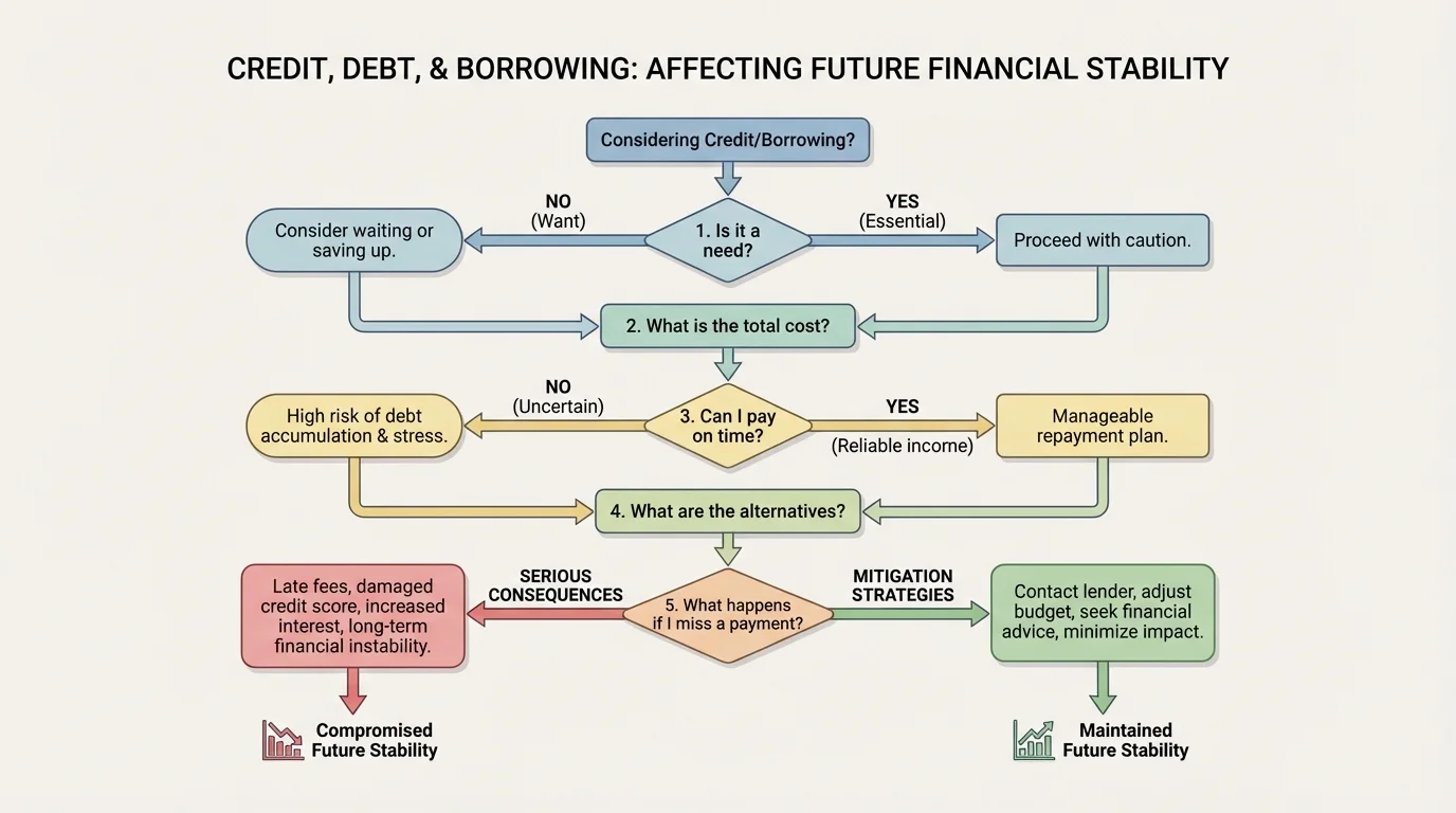 flowchart checklist asking Is it a need, what is the total cost, can I pay on time, what are the alternatives, and what happens if I miss a payment