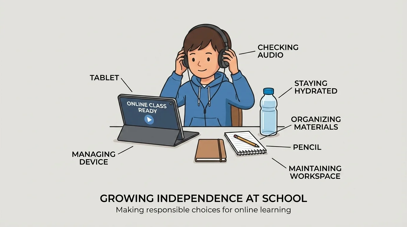 child at home desk checking headphones, water bottle, pencil, and tablet before online class, with a tidy learning space and simple readiness items