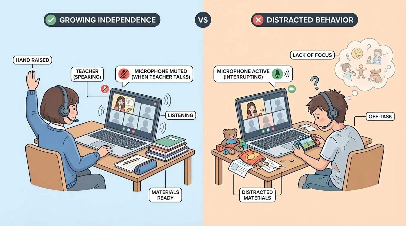 split-scene of a child in online class making good choices—listening, hand raised, materials ready, microphone muted when teacher talks—contrasted with distracted off-task behavior