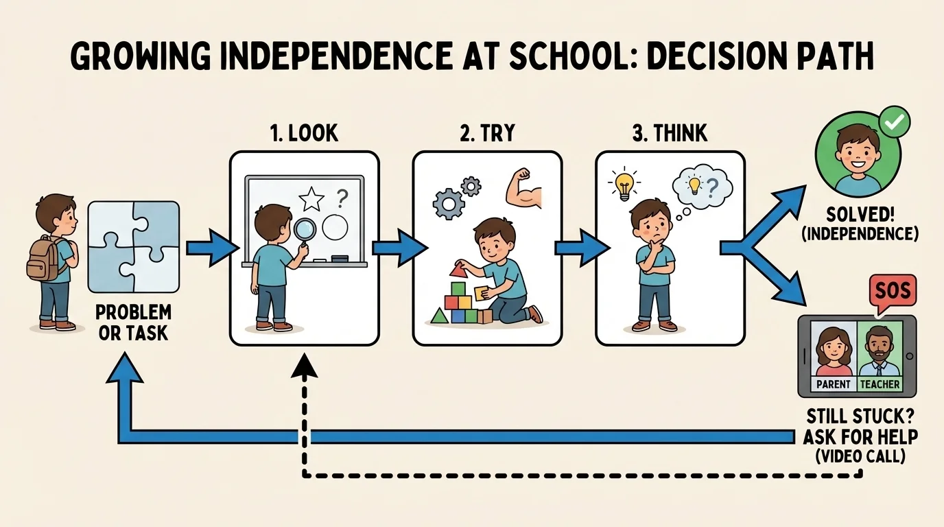 simple child-friendly decision path showing look, try, think, then ask a parent or teacher for help on a video call if still stuck