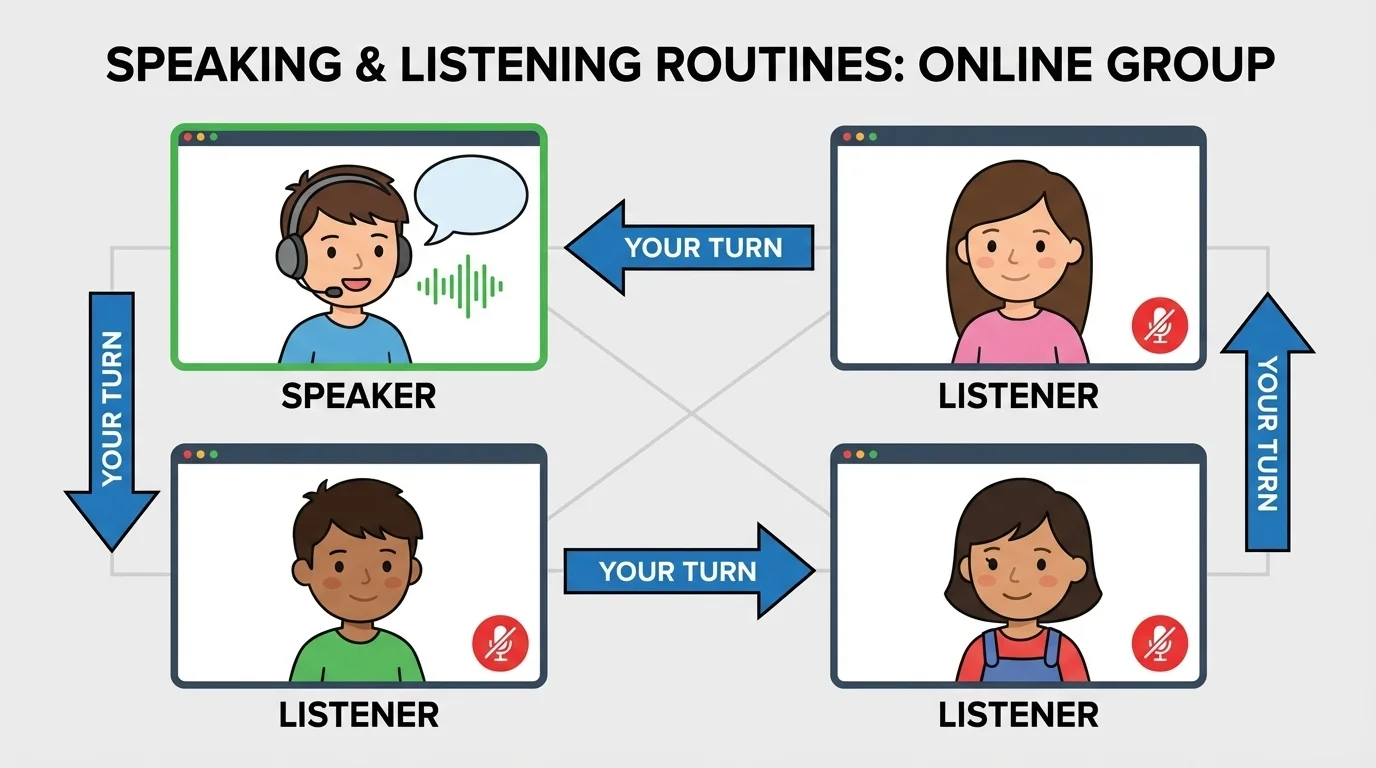 four children in an online video group, one child speaking while the others listen, with simple turn-taking arrows between the screens