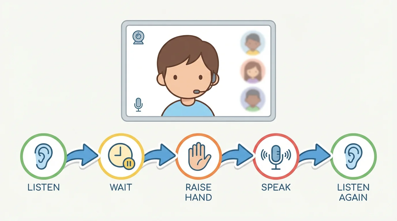 child on a video call following a simple discussion sequence with icons for listen, wait, raise hand, speak, and listen again
