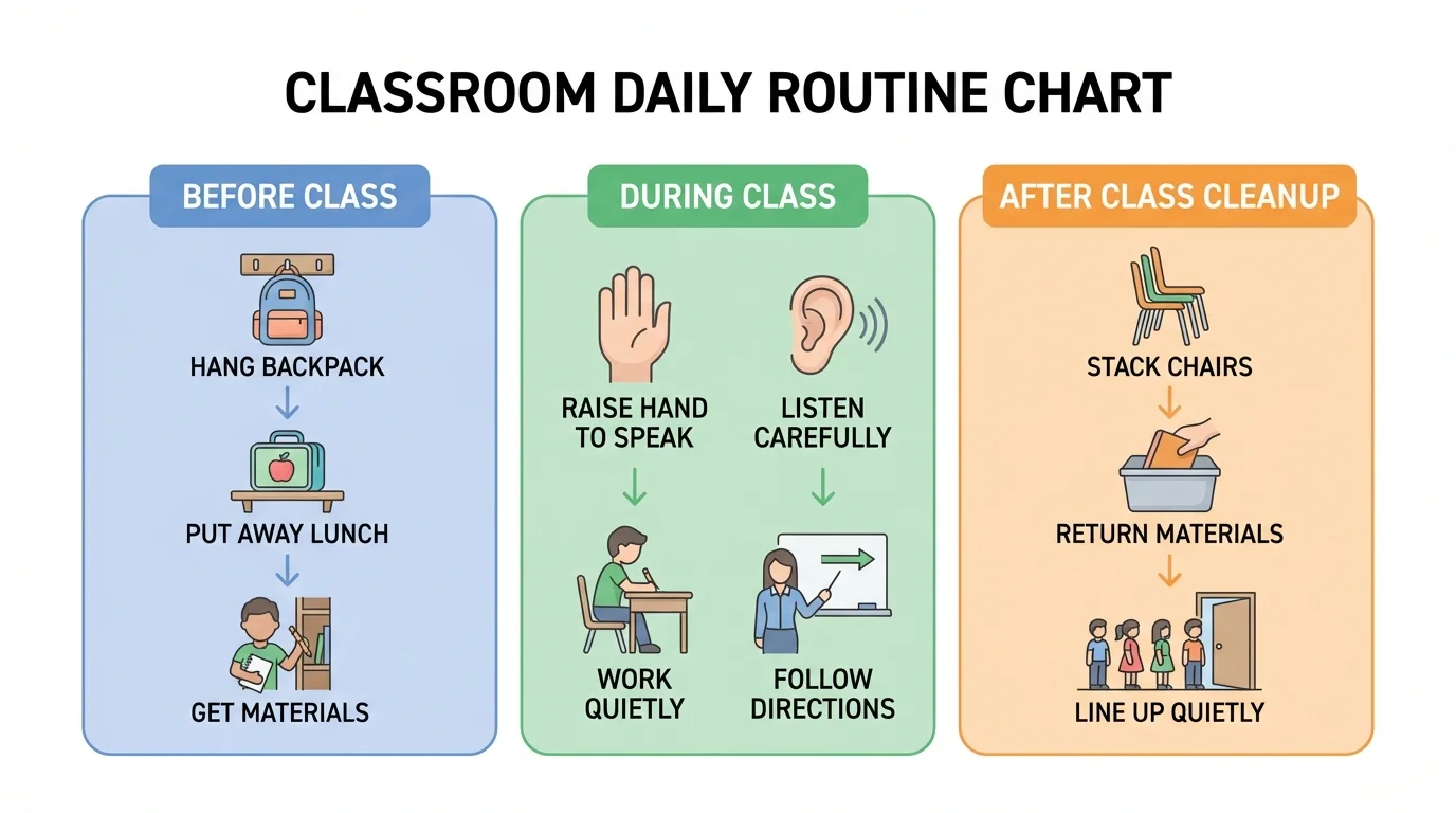 Daily routine chart with three sections labeled before class, during class, and after class cleanup, using simple child-friendly icons