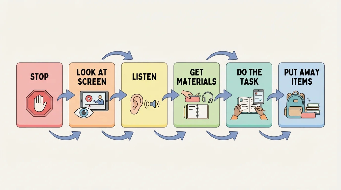 Step-by-step routine for following online class directions with boxes labeled stop, look at screen, listen, get materials, do the task, put away items