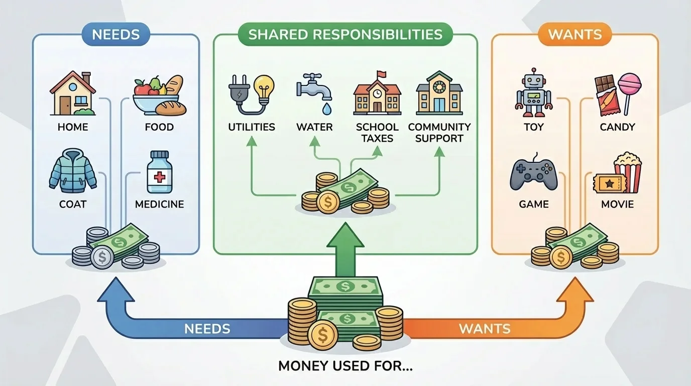 Child-friendly sorting scene showing need items like food, coat, home, and medicine on one side and want items like toy, candy, and game on the other