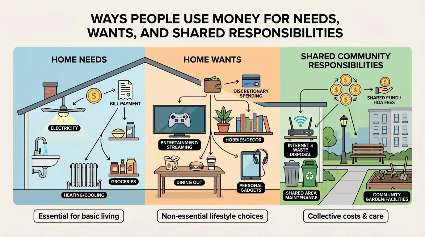 Simple home and community scene showing lights, water faucet, internet router, trash bin, and shared apartment or neighborhood area cared for by shared money