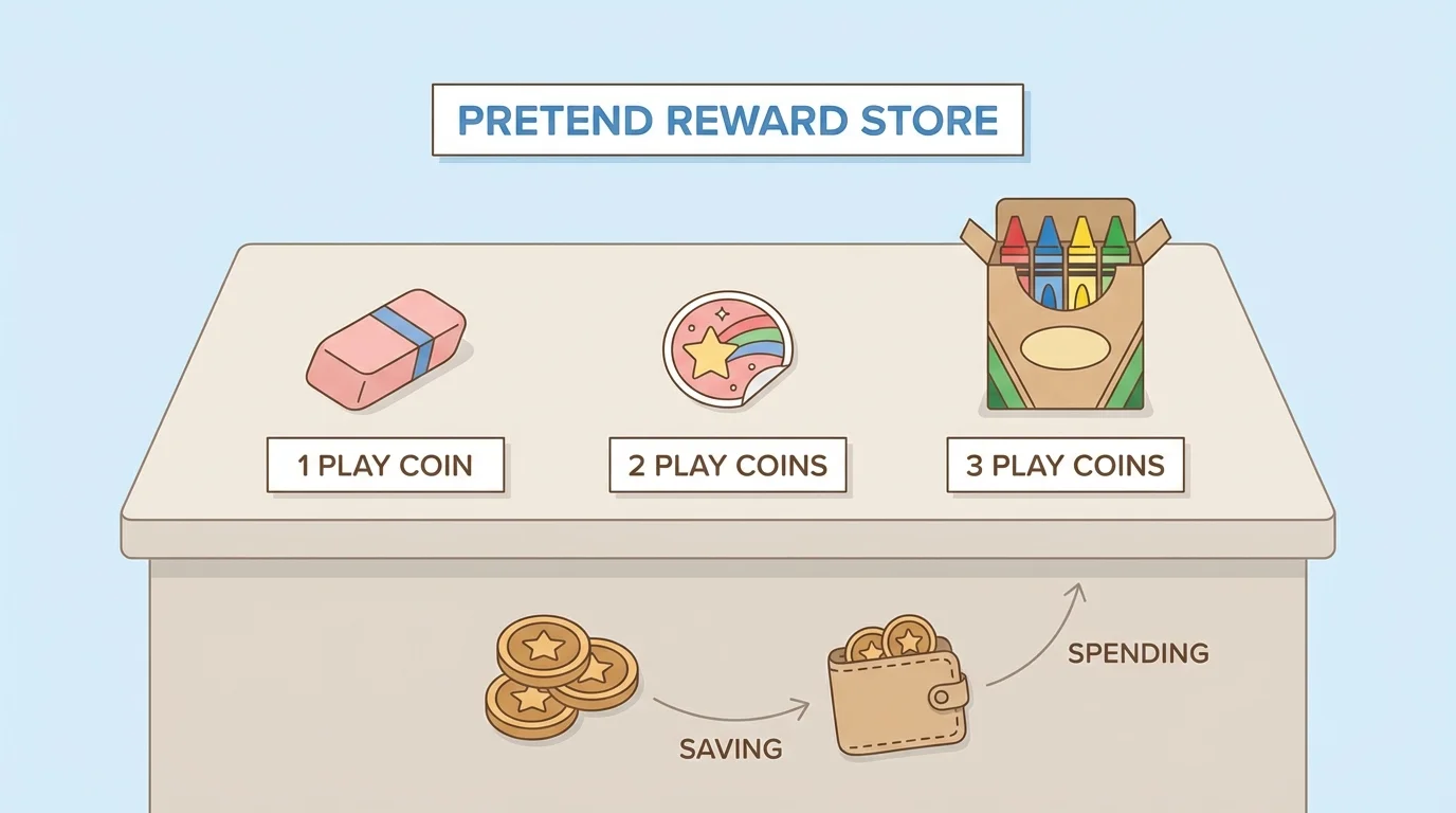 pretend reward store with eraser, sticker, and crayons labeled with 1, 2, and 3 play coins