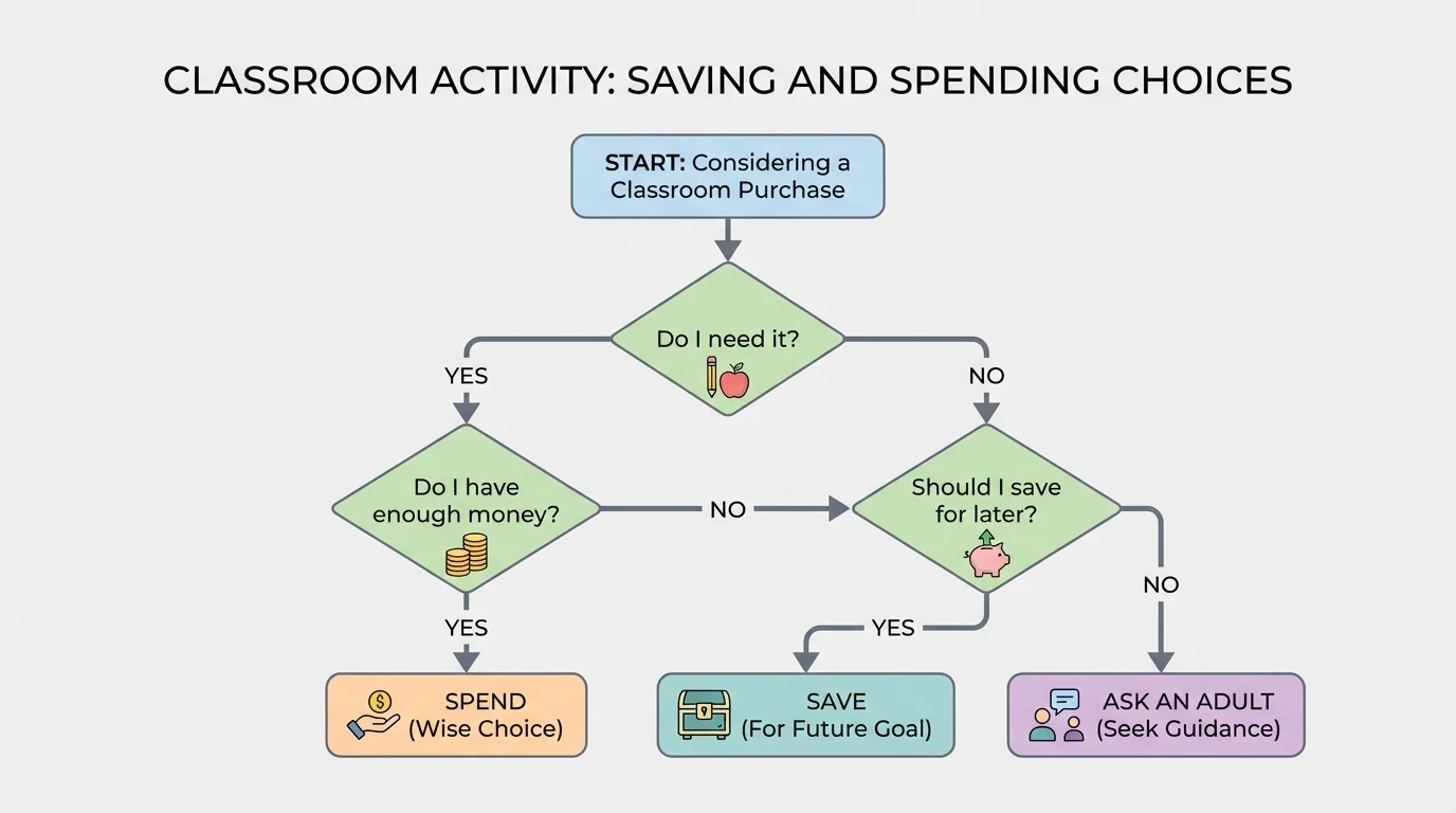flowchart with questions Do I need it? Do I have enough? Should I save for later? leading to spend, save, or ask an adult