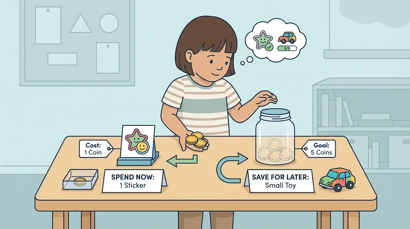 child with 3 play coins choosing between buying one sticker now or saving for a small toy later