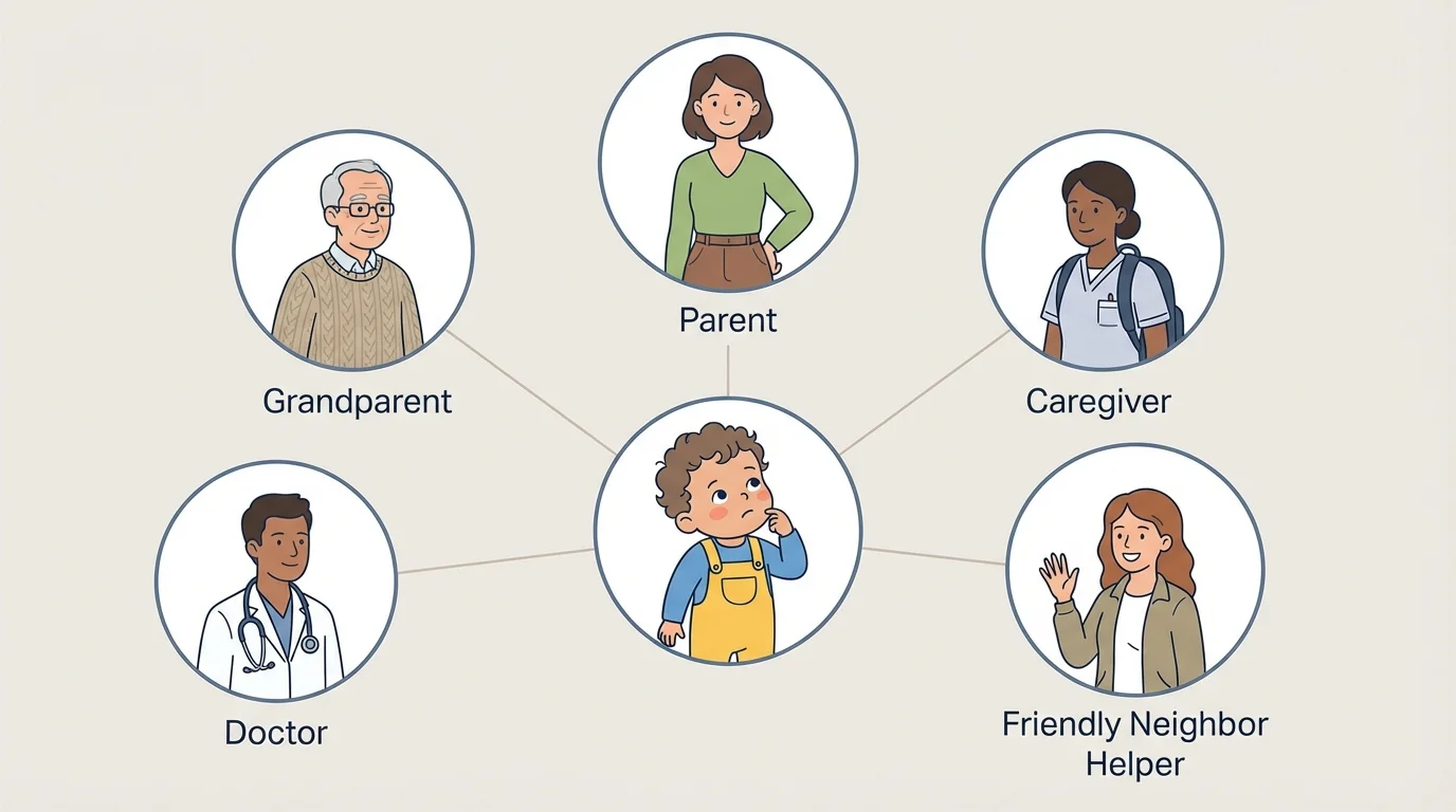 toddler with parent, grandparent, caregiver, doctor, and friendly neighbor helper in separate simple circles around the child