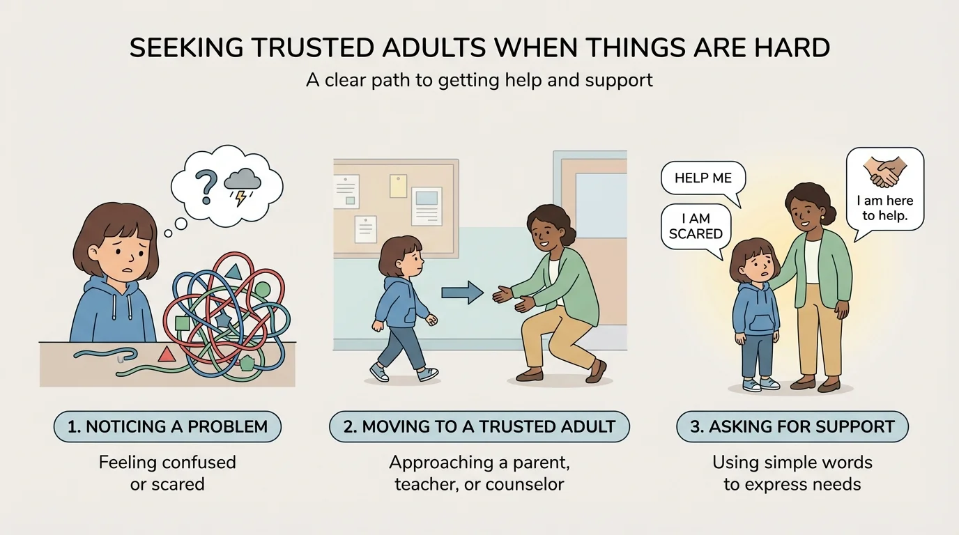 child notices a problem, walks to a trusted adult, and says simple words like help me or I am scared