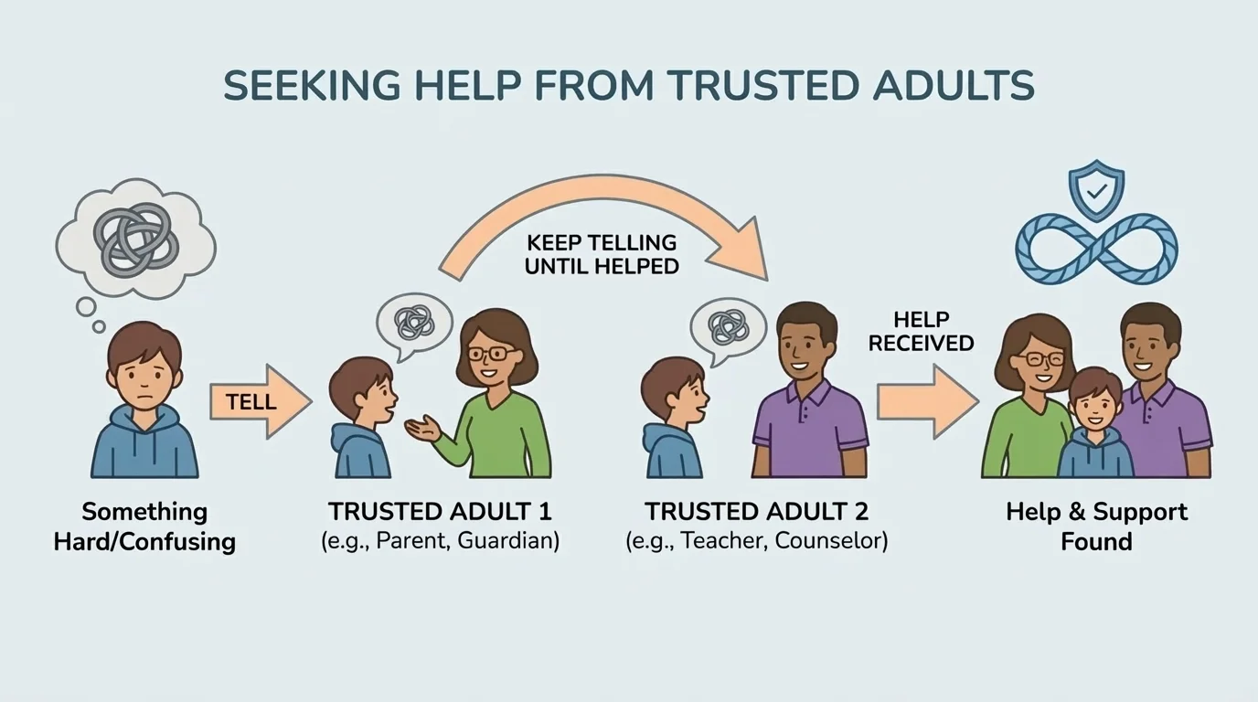 child tells one adult, then another trusted adult, then receives help, with arrows showing keep telling until helped
