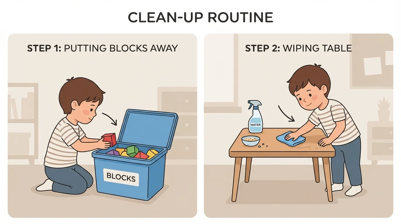 preschool child cleaning up after play by putting blocks into a labeled toy bin and wiping a small table