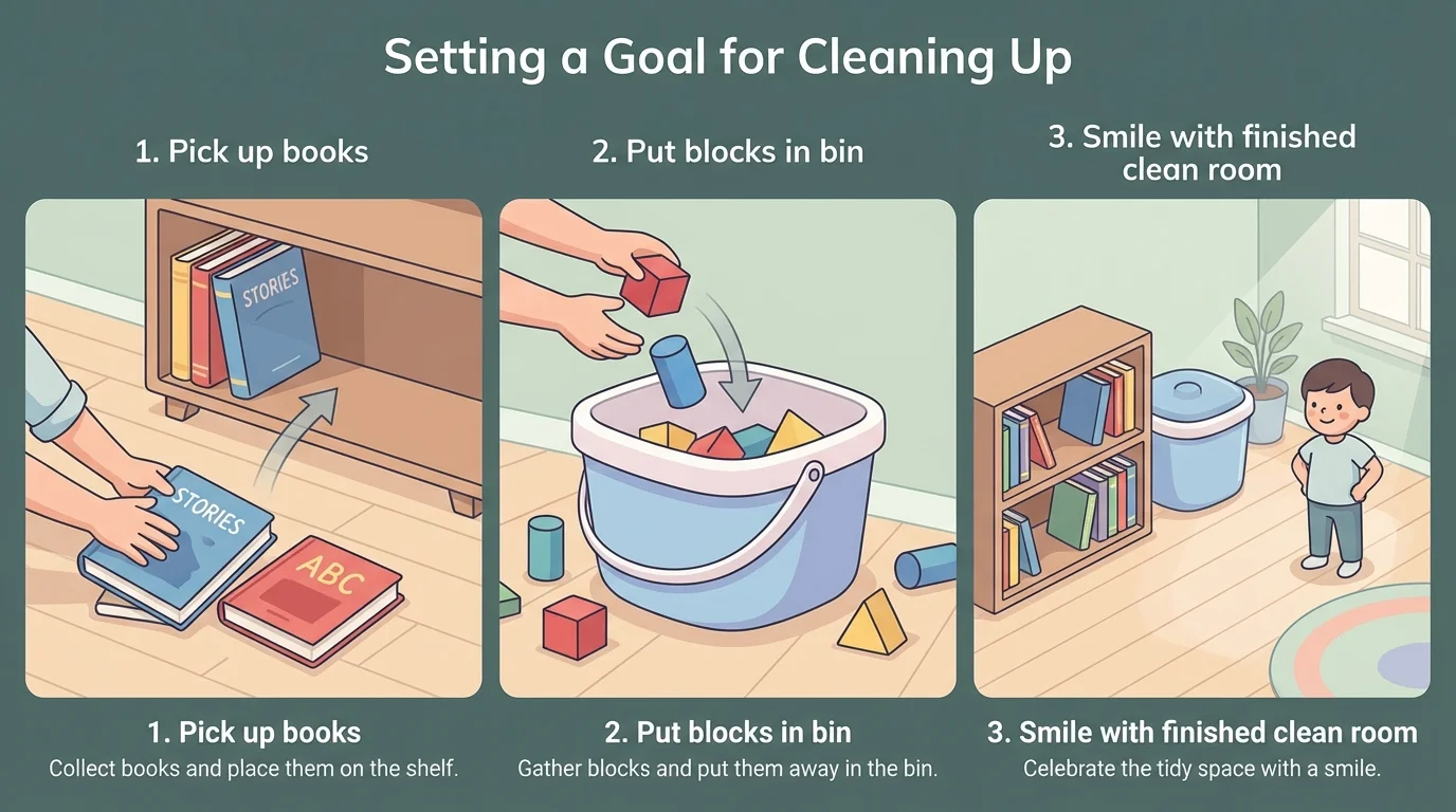 three-step sequence for cleaning up: pick up books, put blocks in bin, smile with finished clean room corner