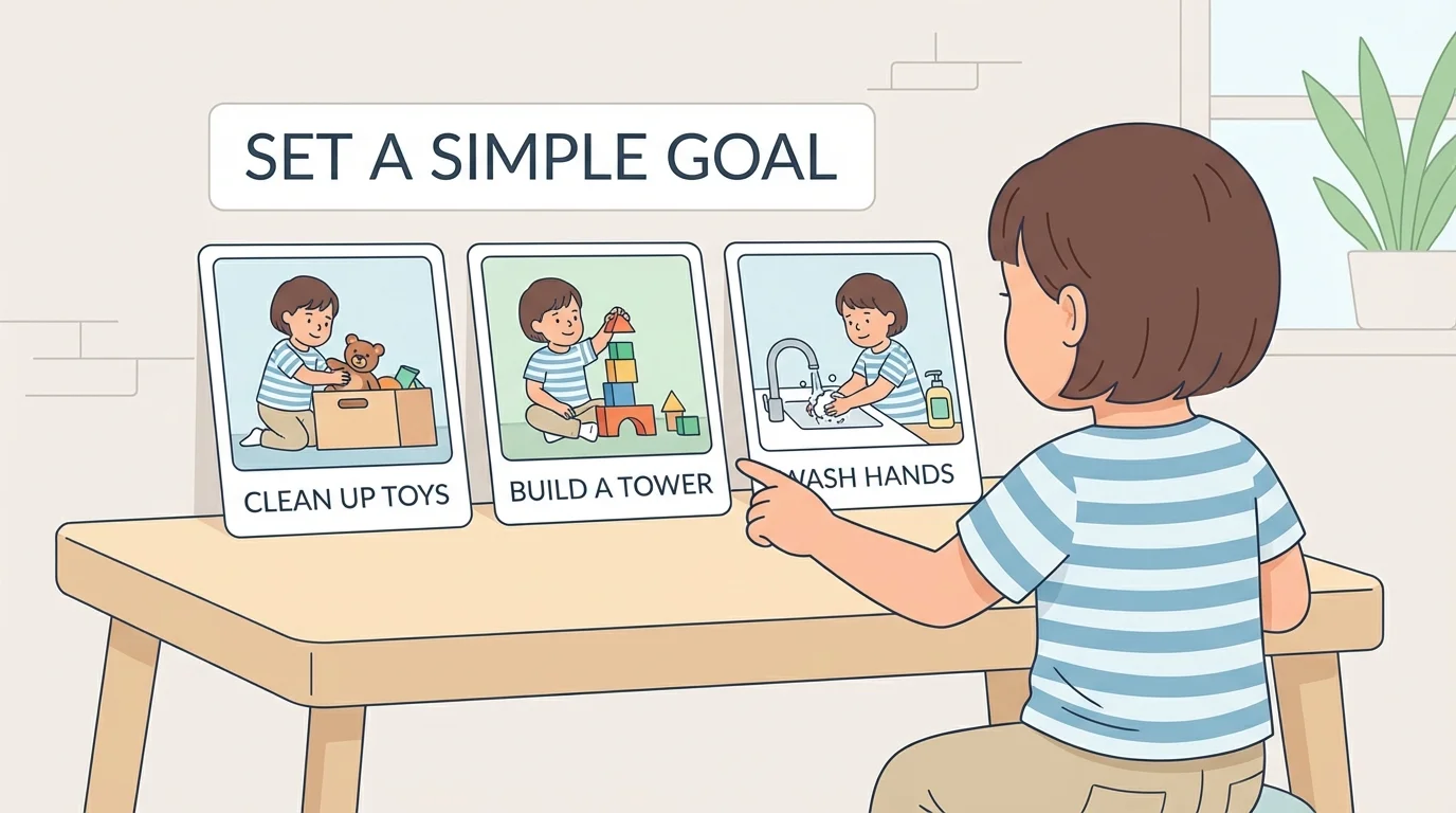 young child at home pointing to picture choices for one goal: clean up toys, build a block tower, wash hands