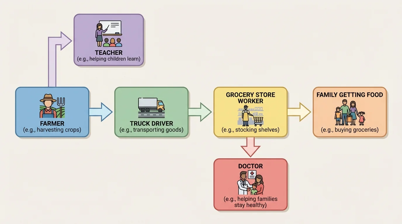 Simple flowchart showing farmer to truck driver to grocery store worker to family getting food, with side branches showing teacher helping children and doctor helping families