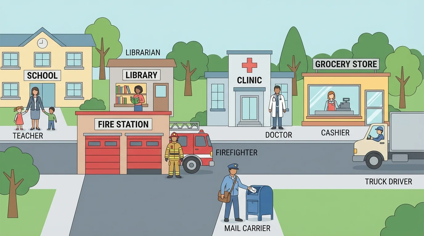 Neighborhood scene with a school, grocery store, fire station, clinic, mailbox, and workers including teacher, cashier, firefighter, doctor, librarian, mail carrier, and truck driver