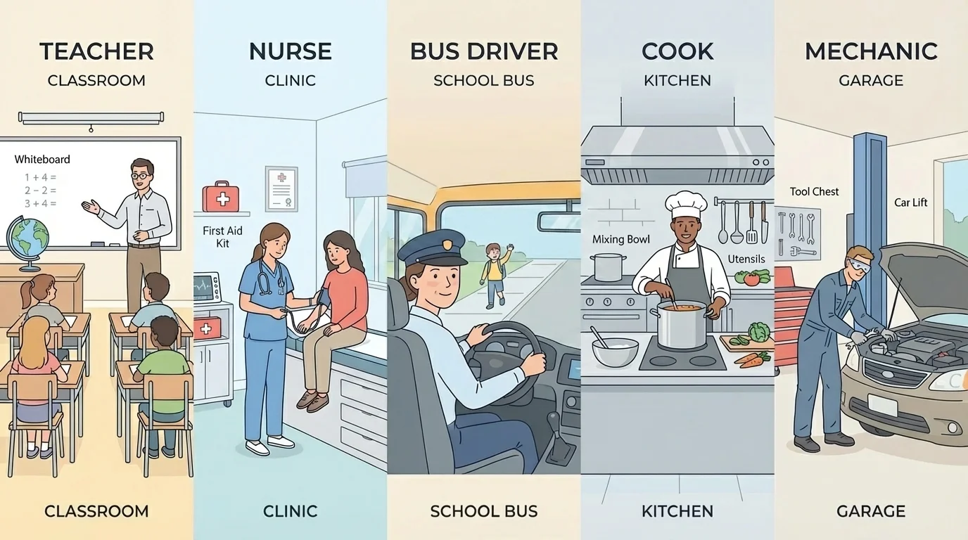 Family members doing different jobs in simple child-friendly scenes, including teacher in a classroom, nurse in a clinic, bus driver on a bus, cook in a kitchen, and mechanic fixing a car