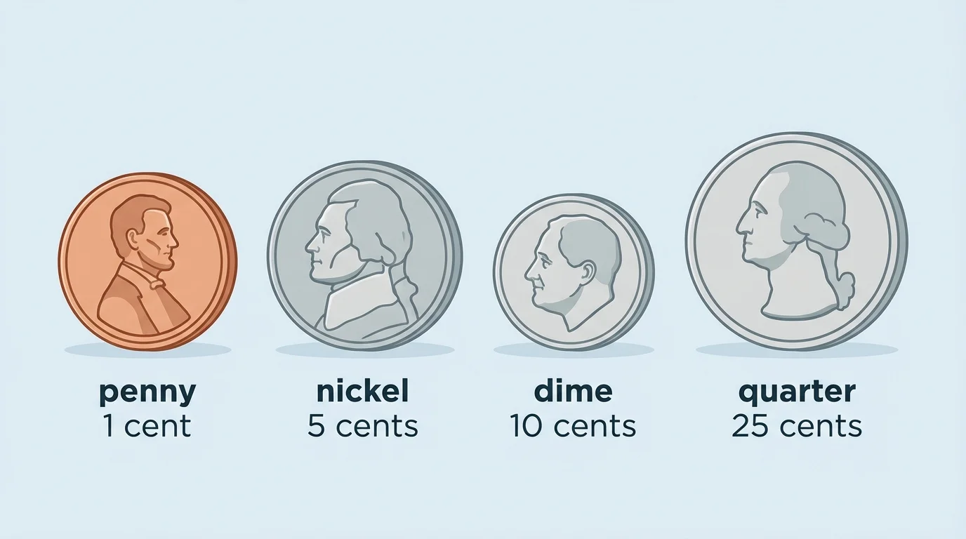 four U.S. coins labeled penny 1 cent, nickel 5 cents, dime 10 cents, quarter 25 cents