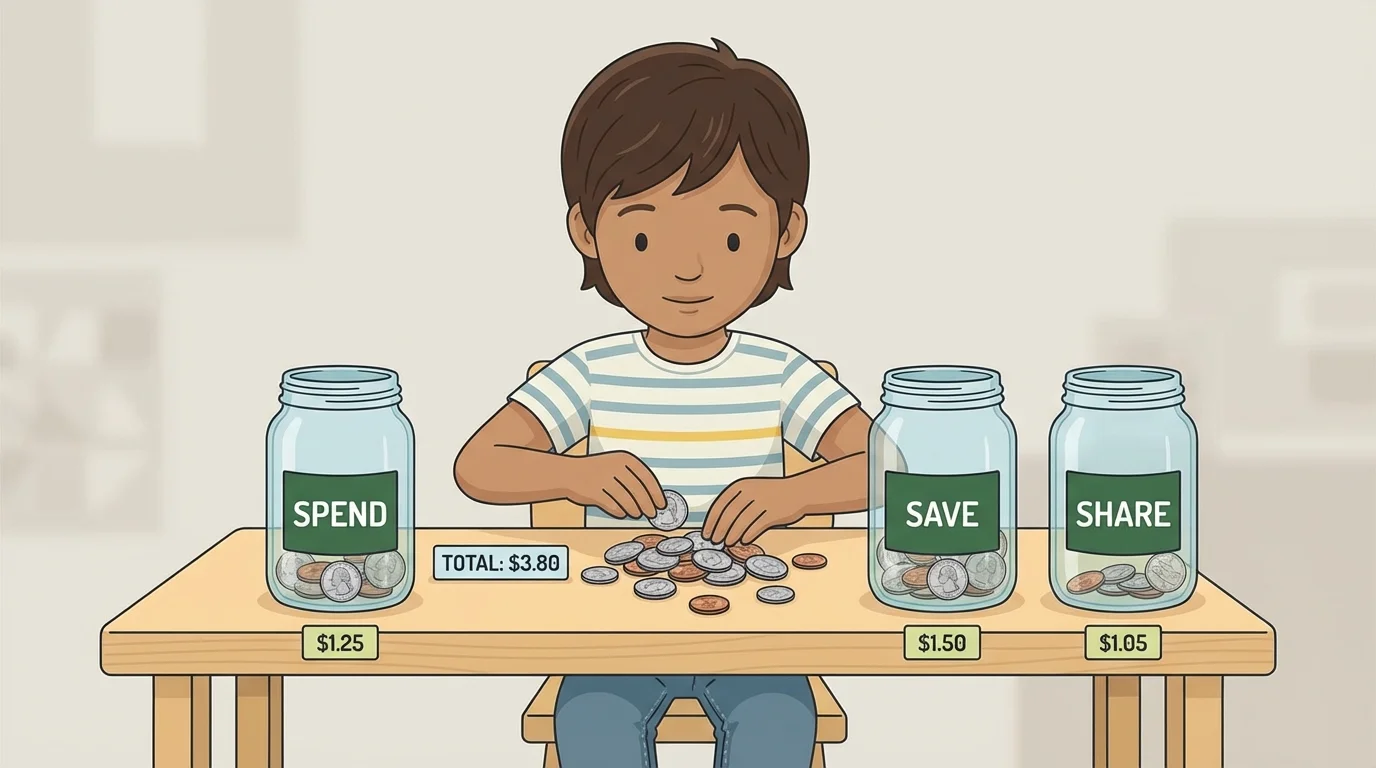 child with three jars labeled spend, save, share and a small group of coins being divided