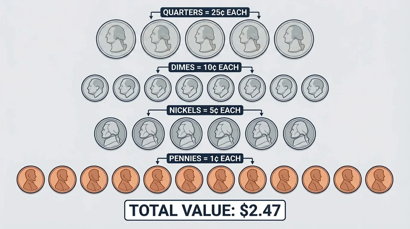 mixed coins sorted into rows of quarters, dimes, nickels, and pennies with simple value labels