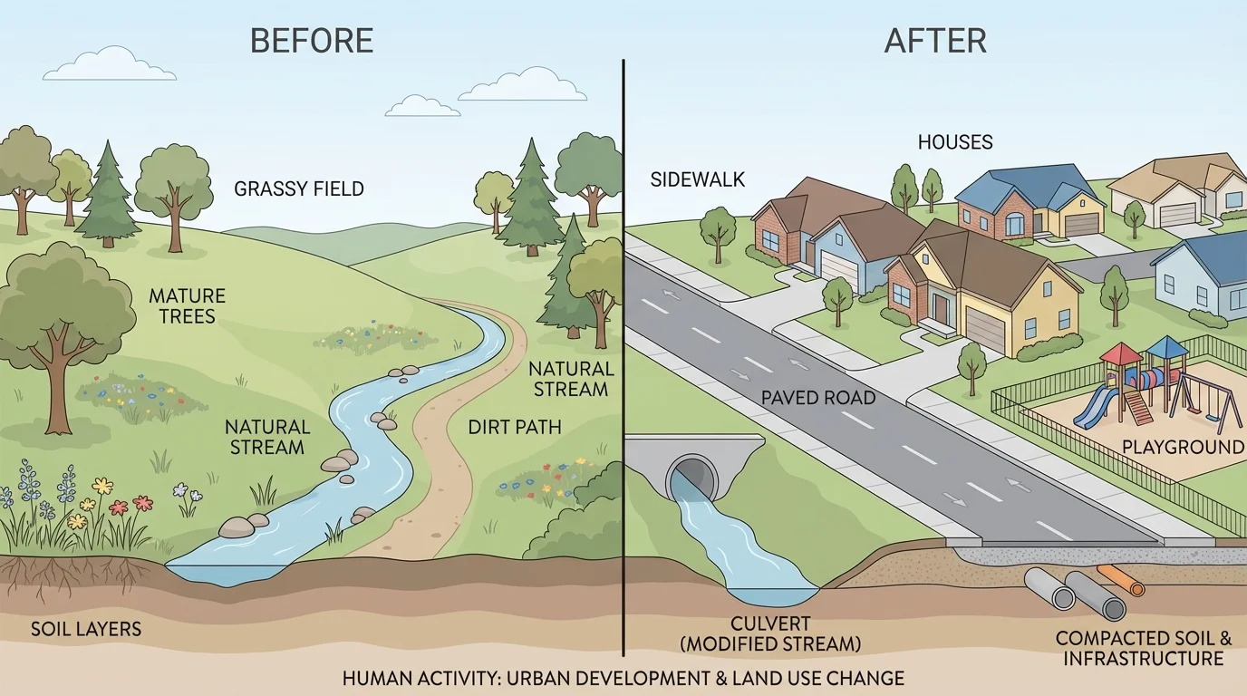 Side-by-side before-and-after scene of grassy land with trees changing into houses, a street, sidewalk, and playground