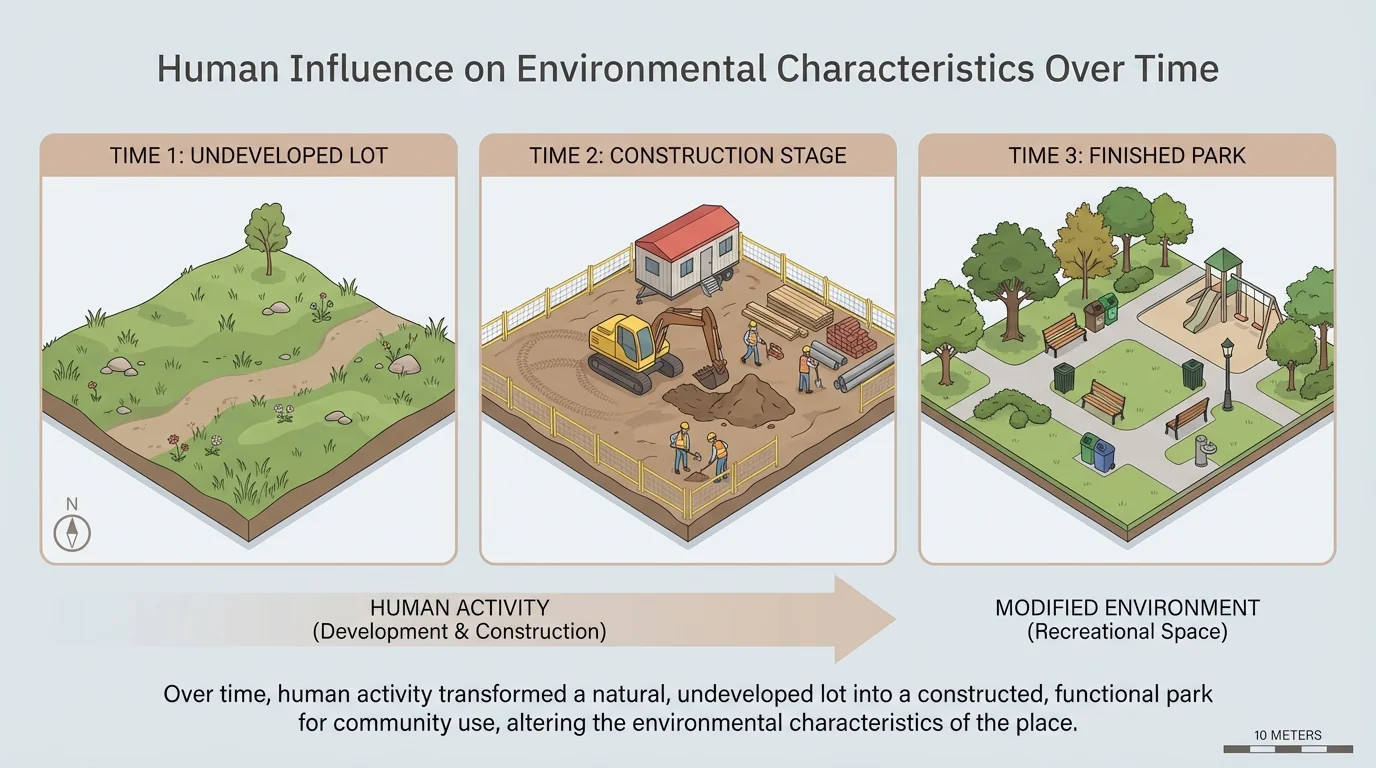 Three-step timeline of a community lot over time showing grassy area, construction stage, and finished park with trees, benches, and trash cans