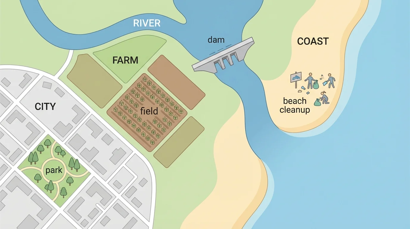 Simple map showing a city, farm, river, and coast with labels for human actions such as park, field, dam, and beach cleanup