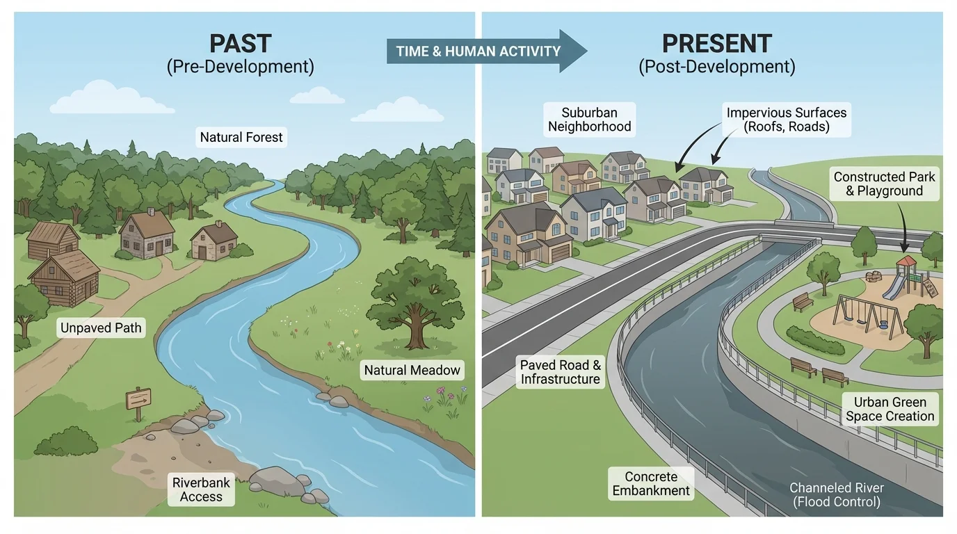 Neighborhood scene with river, trees, houses, road, playground, and park labeled as parts of the environment