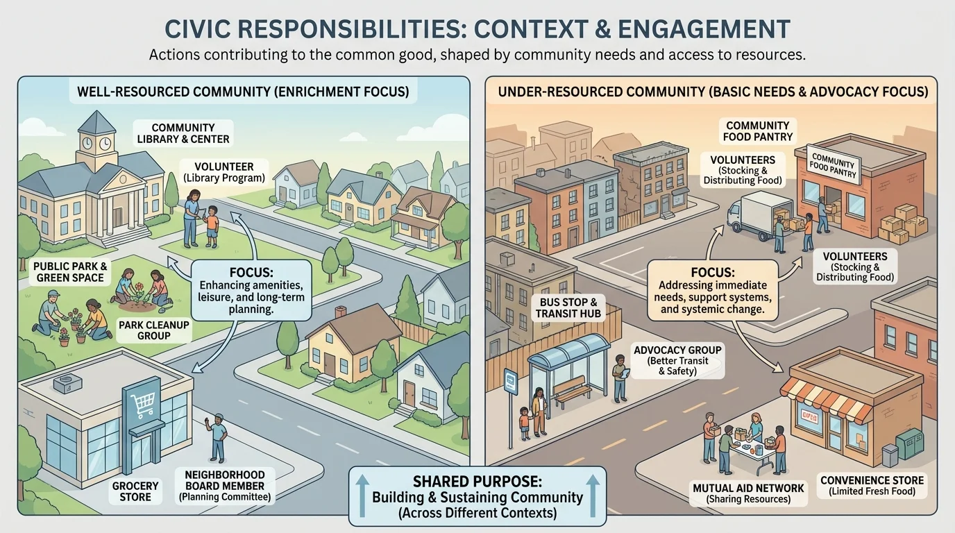 side-by-side neighborhood families, one with easy access to a park, library, and grocery store nearby, and another farther from services and needing support such as a food pantry and bus stop