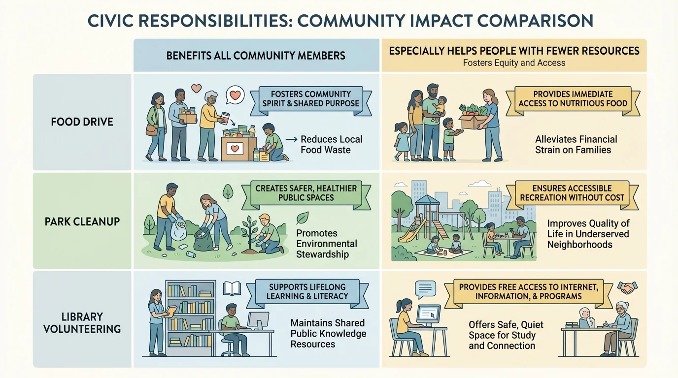 comparison chart with rows for food drive, park cleanup, and library volunteering, and columns for how each action helps all community members and especially people with fewer resources