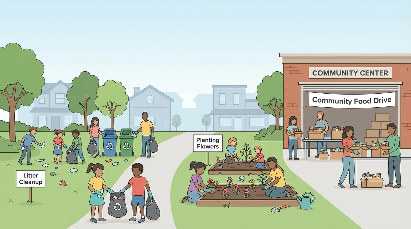 children and adults volunteering in one neighborhood scene by picking up litter in a park, planting flowers, and donating canned food at a community center