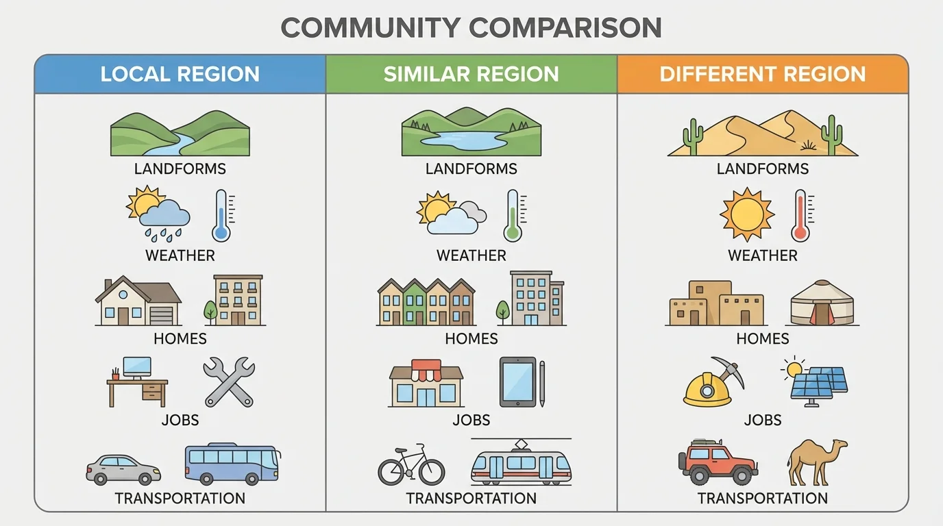 comparison chart showing three communities with simple icons for landforms, weather, homes, jobs, and transportation