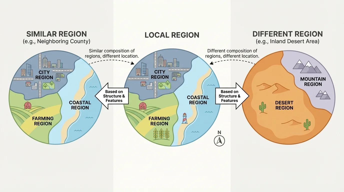 simple map of a local area divided into city, farming, and coastal regions with short labels and different colors