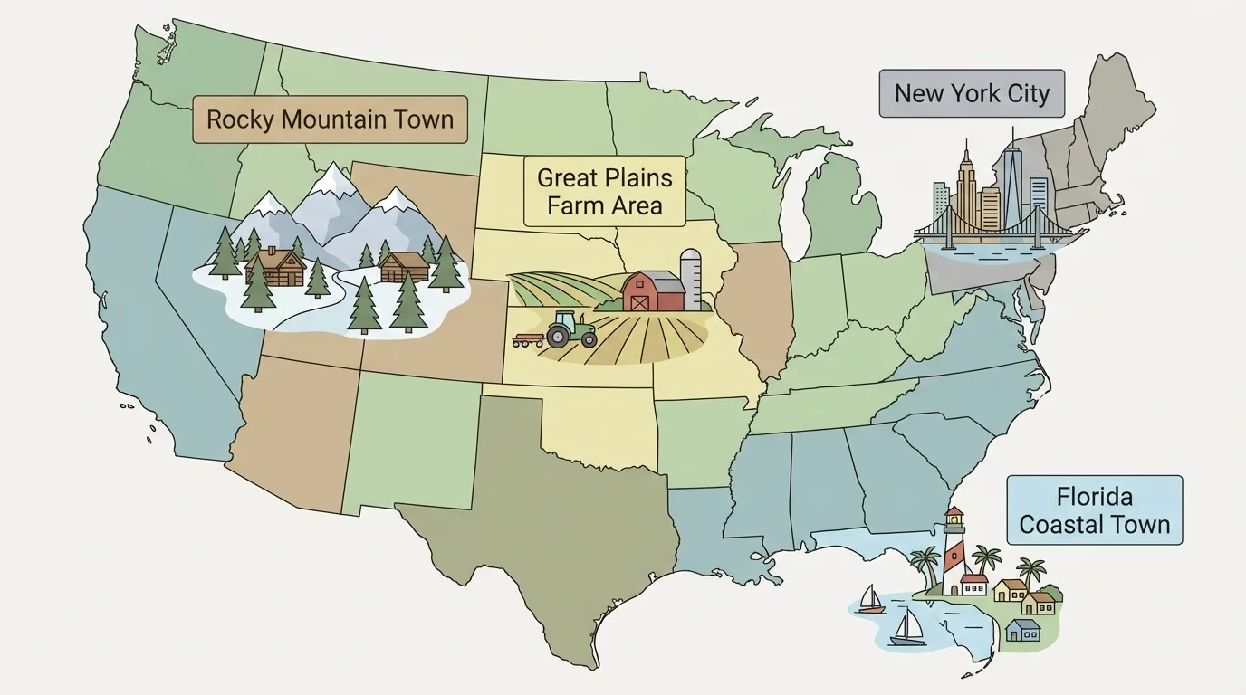 simple U.S. map with Great Plains farm area, Florida coastal town, Rocky Mountain town, and New York City highlighted and labeled