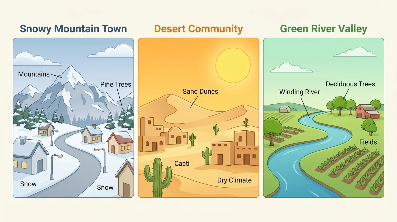 side-by-side scene of a snowy mountain town, a desert community, and a green river valley with simple labels
