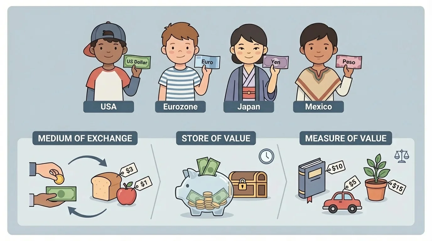 Children from different countries holding labeled money such as dollar, euro, yen, and peso with simple country names