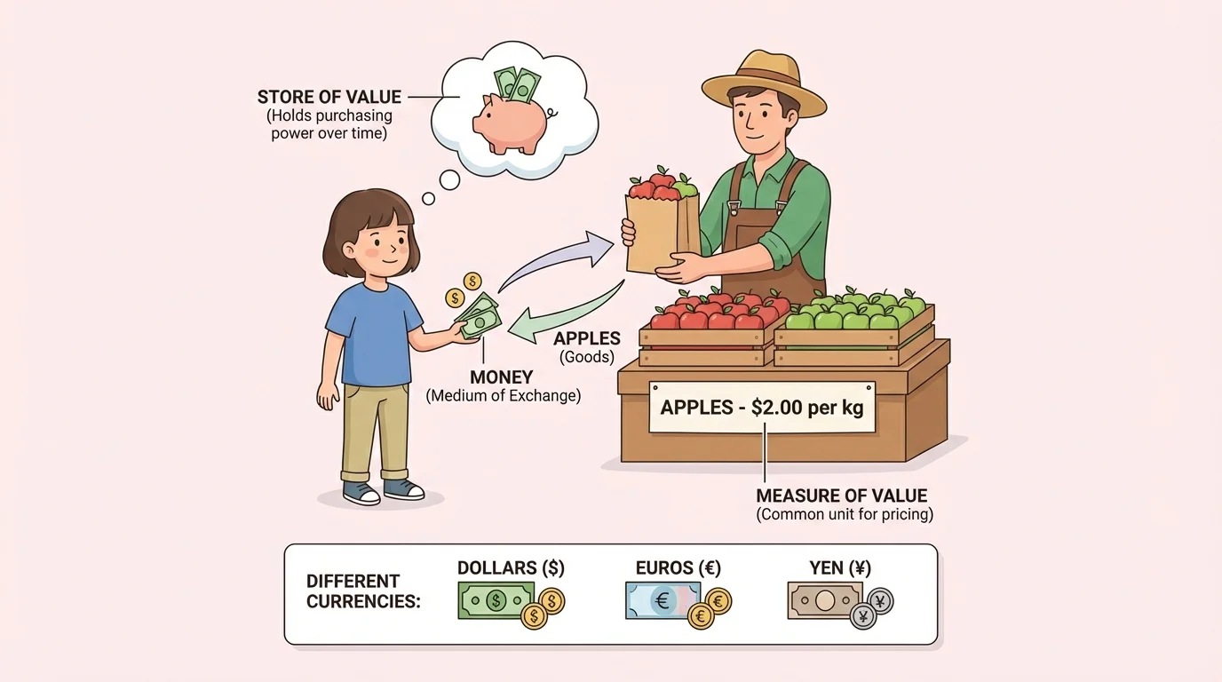 Child buying apples from a farmer using coins and bills, with arrows showing money goes to seller and apples go to buyer