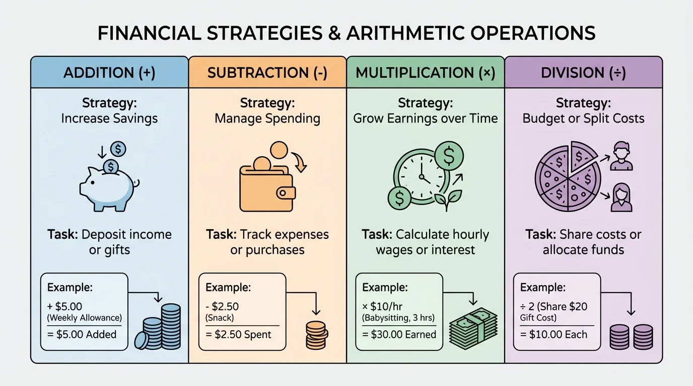 simple chart matching addition, subtraction, multiplication, and division to savings tasks and small money examples