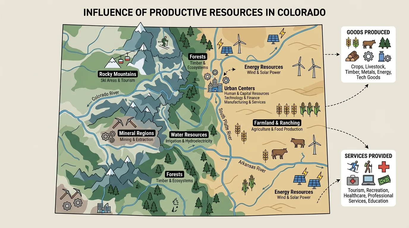 Simple map of Colorado showing mountains in the west, plains in the east, major rivers, forests, ski areas, farmland, and mineral regions with short labels