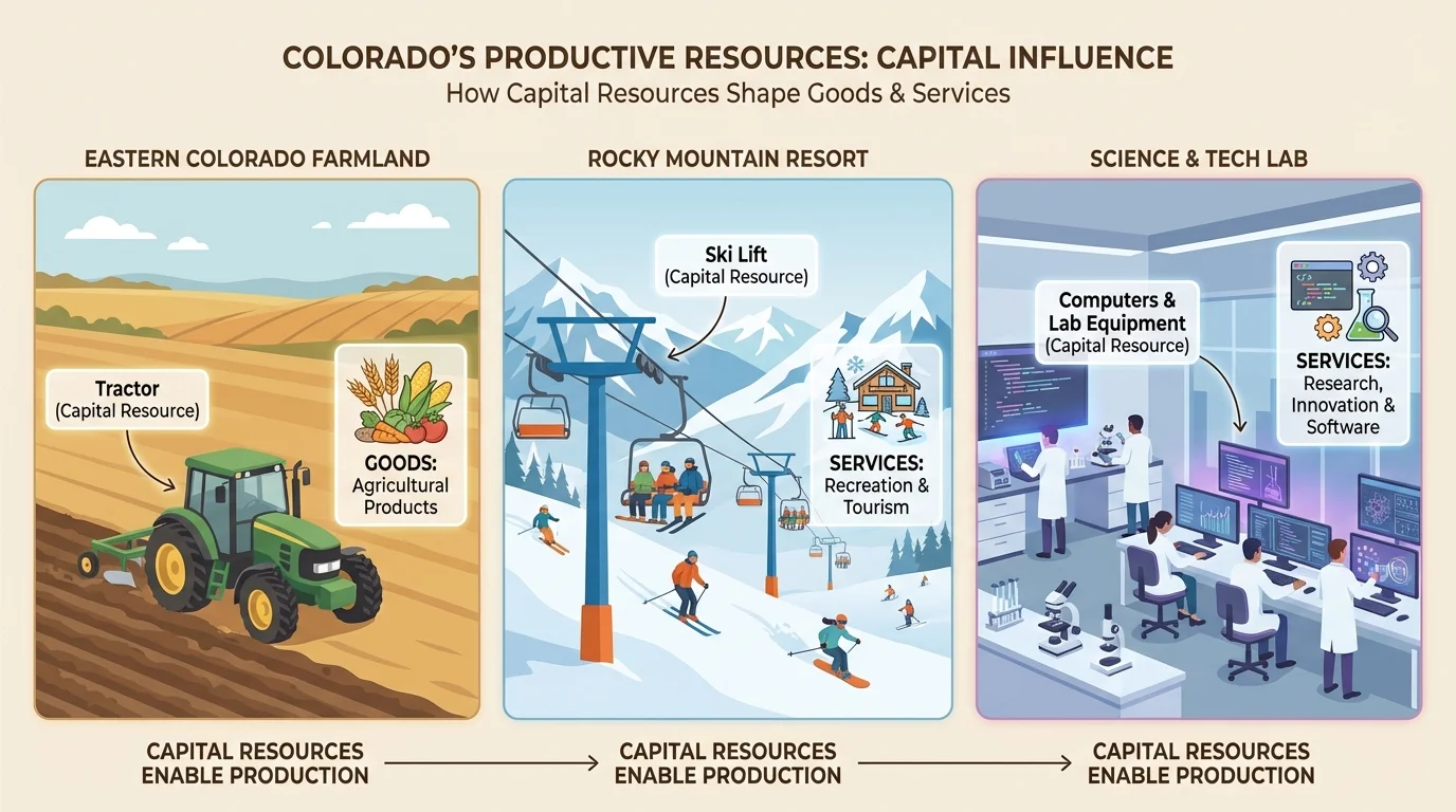 Comparison scene showing a tractor on eastern Colorado farmland, a ski lift on a snowy mountain resort, and computers in a science lab, each labeled as capital resources