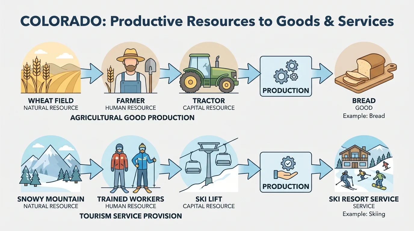 Flowchart with two paths: wheat field plus farmer plus tractor leading to bread as a good, and snowy mountain plus trained workers plus ski lift leading to ski resort service
