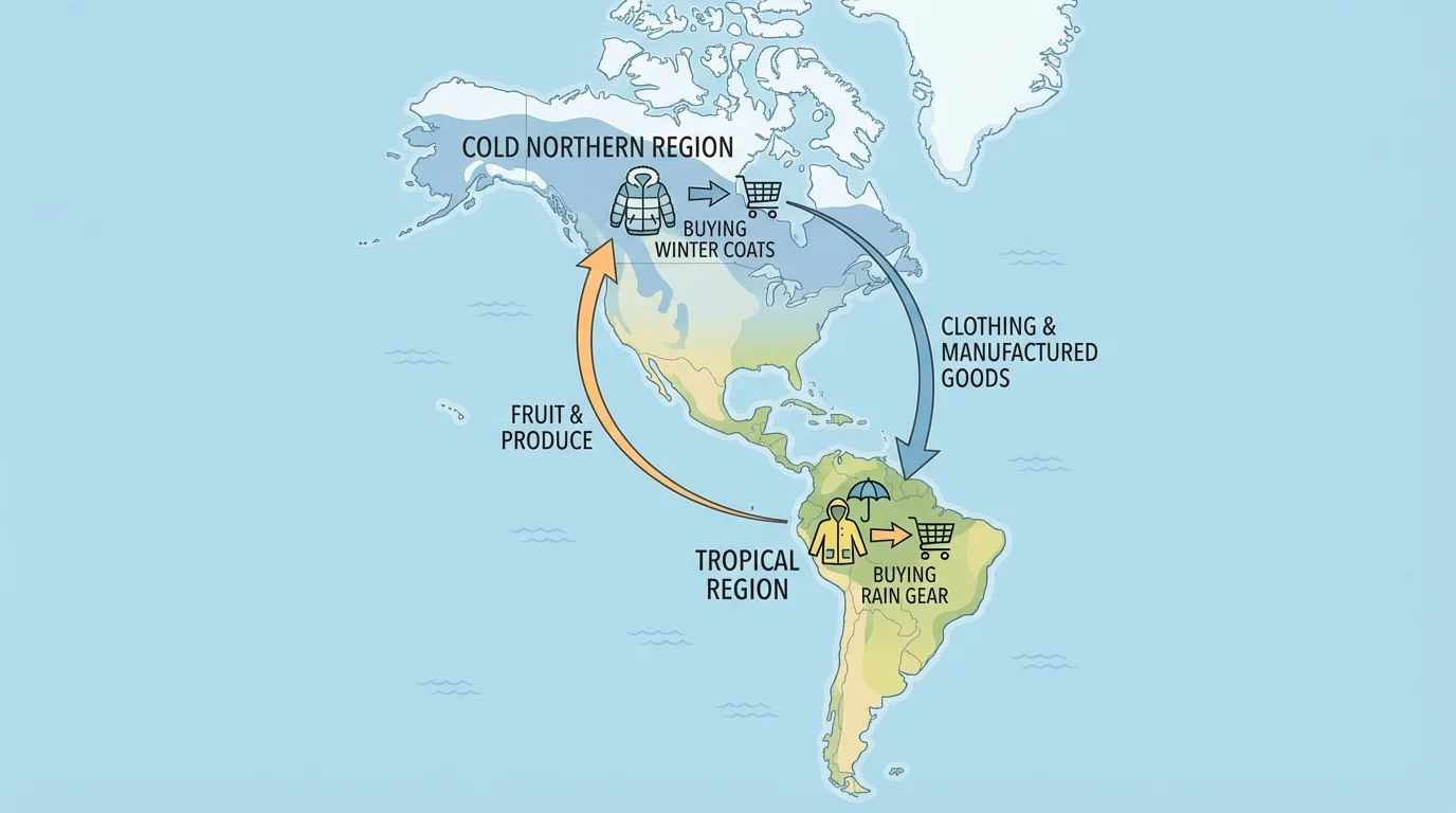 Simple map of the Western Hemisphere with a cold northern region buying winter coats, a tropical region buying rain gear, and trade arrows showing fruit and clothing moving between places