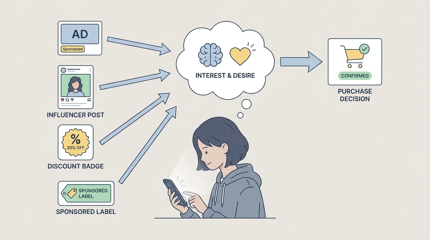 Student looking at phone with an ad, influencer post, discount badge, and sponsored label, with arrows leading to feelings of interest and then a purchase decision