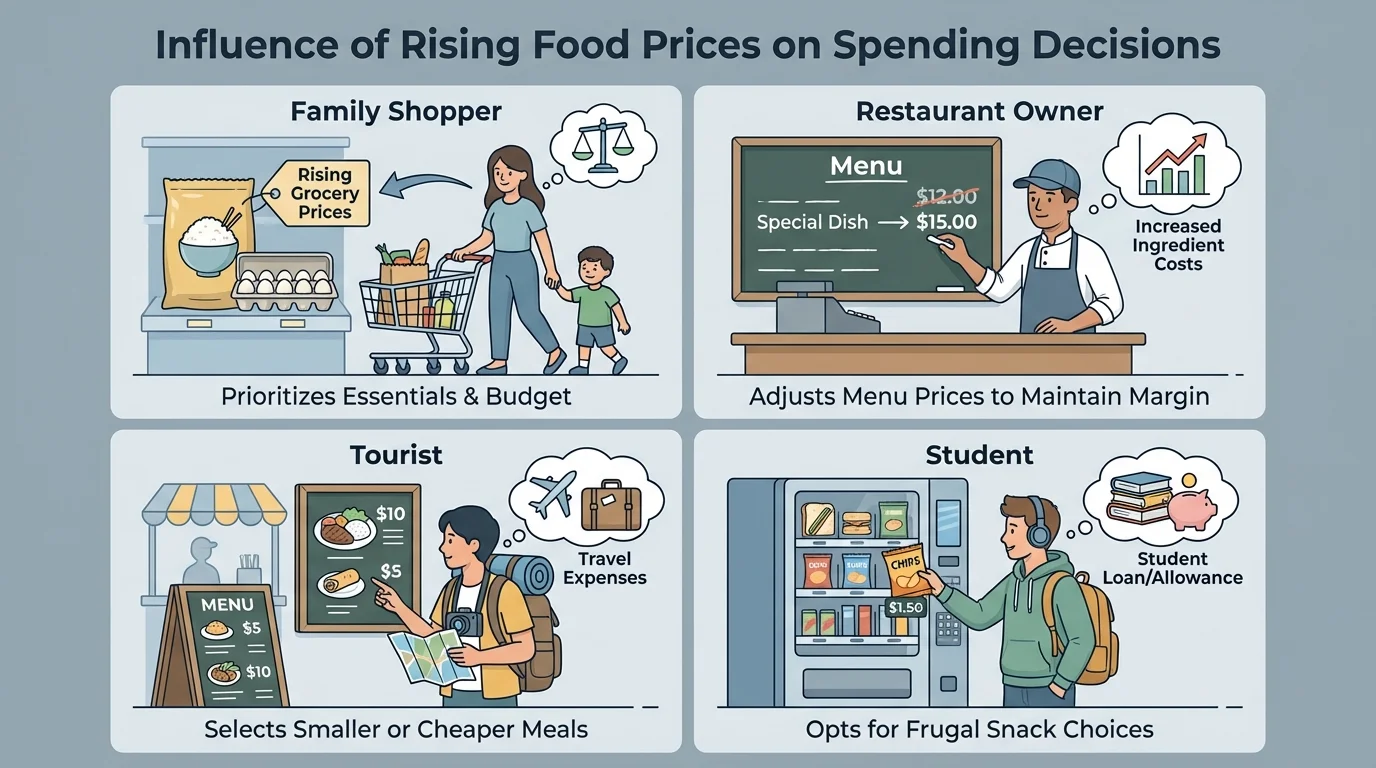 Split scene showing rising food prices affecting a family shopper, restaurant owner changing menu prices, tourist choosing a smaller meal, and student picking a cheaper snack